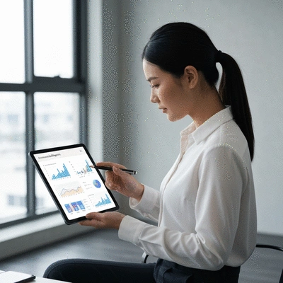 Person analyzing automated SEO reports on a tablet, showing graphs and data