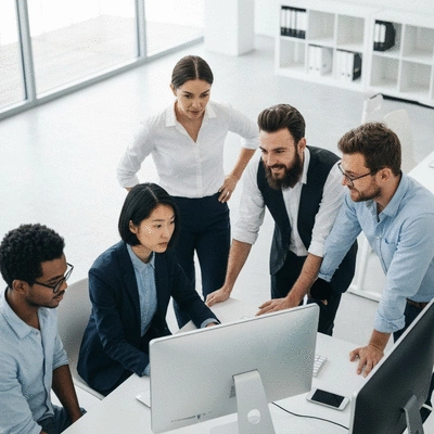 Team members collaborating and learning about new SEO automation tools on computers