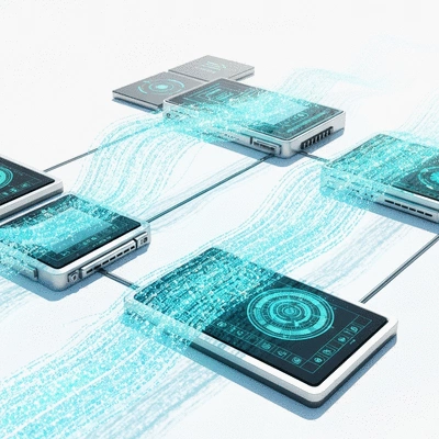 Abstract representation of data flowing into automation tools to generate content, clean image