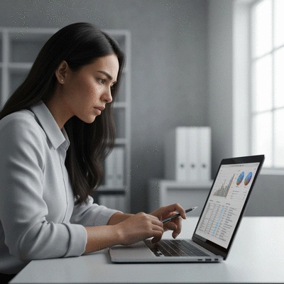 Marketer analyzing data on a laptop, clean office background, no text, no words, no typography, 8K