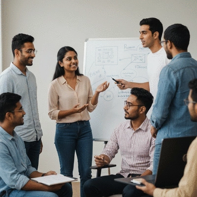 A team collaborating on an SEO strategy, blending AI insights with human creativity