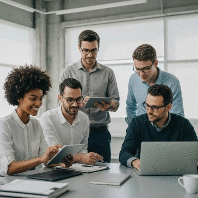 Modern office setting with diverse team collaborating on digital transformation strategies