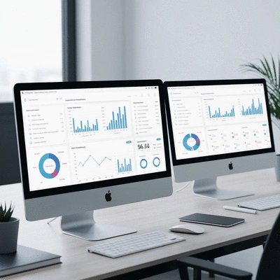 Modern workspace with data analytics dashboards on multiple screens, showing SEO automation metrics, clean image
