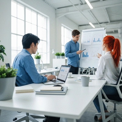 Marketing team collaborating on SEO strategy with automation tools on laptop and whiteboard