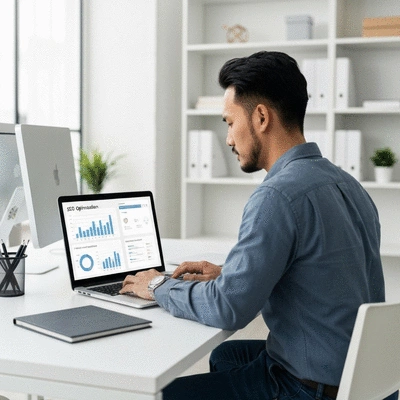 Person working on a laptop with SEO optimization tools on screen, showing an efficient workflow
