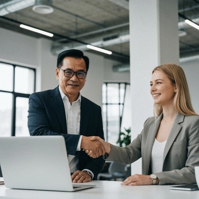 Two people shaking hands over a laptop, symbolizing trust and partnership in affiliate marketing