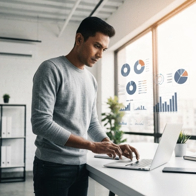 Marketer analyzing SEO data on a laptop with charts and graphs in the background, no text, no words, no typography, clean image