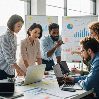 Team collaborating on programmatic SEO strategy, clean image