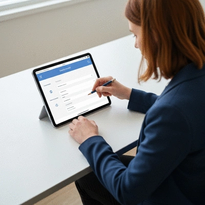 Person using a tablet to fill out an online form with a modern, clean interface, focused and efficient, no text, no words, no typography, 8K, natural lighting