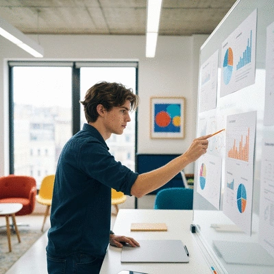 Digital marketing strategy with charts and a person planning