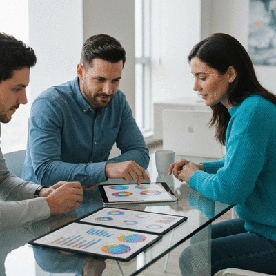 Several people collaborating around a table, looking at a tablet with data visualizations, representing teamwork and strategic planning