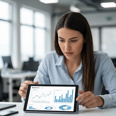 Person analyzing business growth charts on a tablet