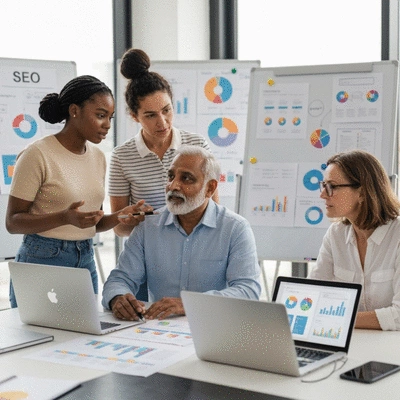 Team collaborating on SEO strategy, modern office setting, whiteboards, laptops, diverse team, no text, no words, no typography, 8K