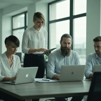 A diverse team of professionals collaboratively working on laptops and tablets in a modern office, showcasing seamless workflow and automation, no text, no words, no typography, 8K, natural lighting