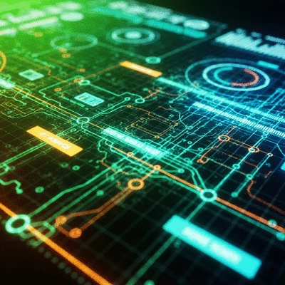 futuristic digital interface displaying data analytics and AI concepts