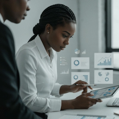 Professional looking at digital marketing strategy on a tablet, surrounded by charts and graphs, clean image