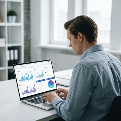 Person using automated SEO software on a laptop, showing graphs and data