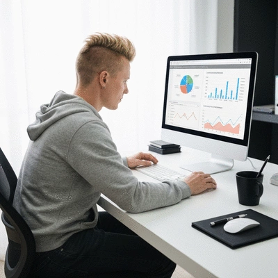 Person analyzing data on a computer screen, representing content audits and strategy improvement