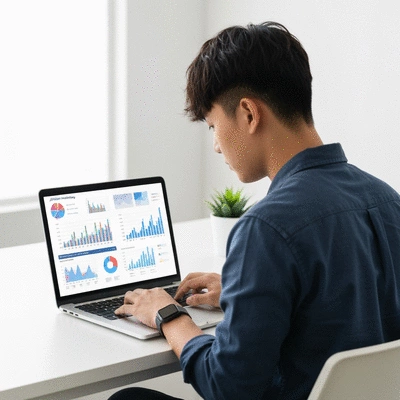 Person using laptop with graphs and charts on screen, representing affiliate marketing analysis